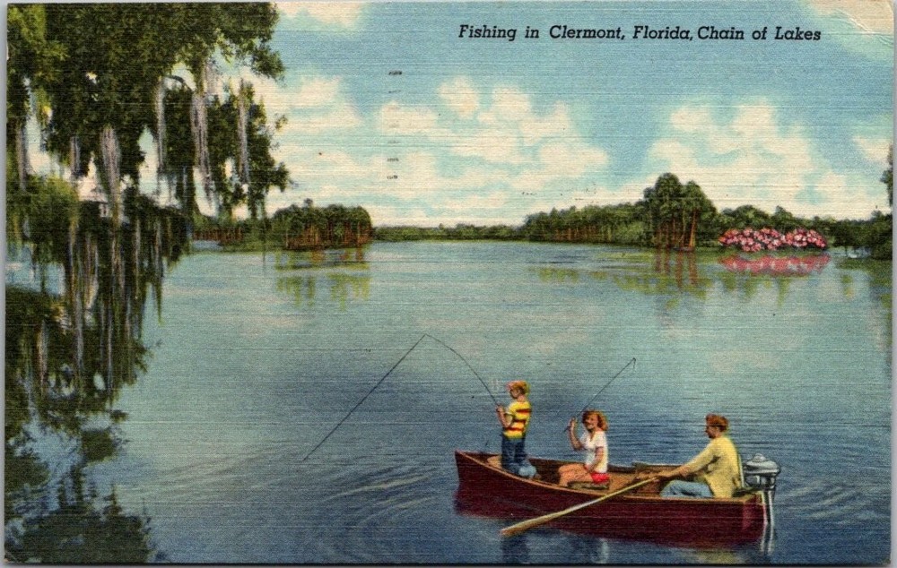 Fishing Clermont FL Chain of Lakes Curteich Linen Postcard 1953 Posted