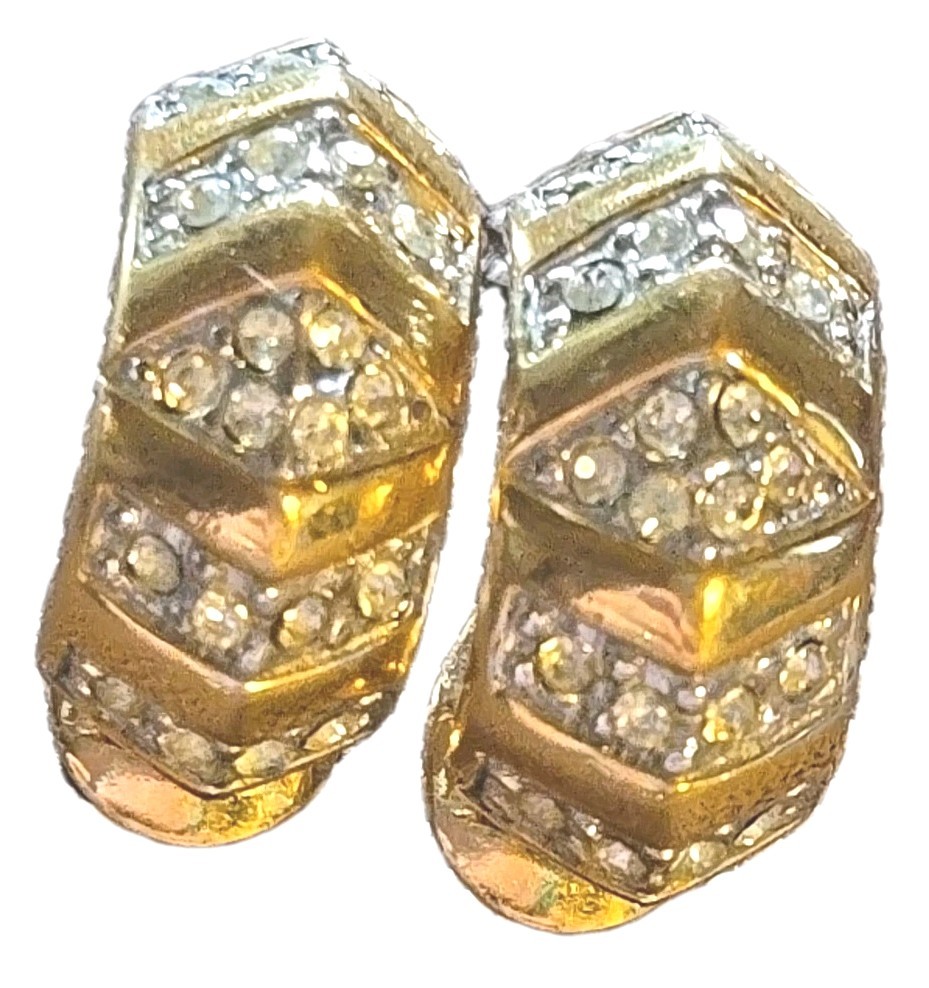 Vintage Monet Clip On Earrings Gold Tone Rhinestone Crystal Hoop