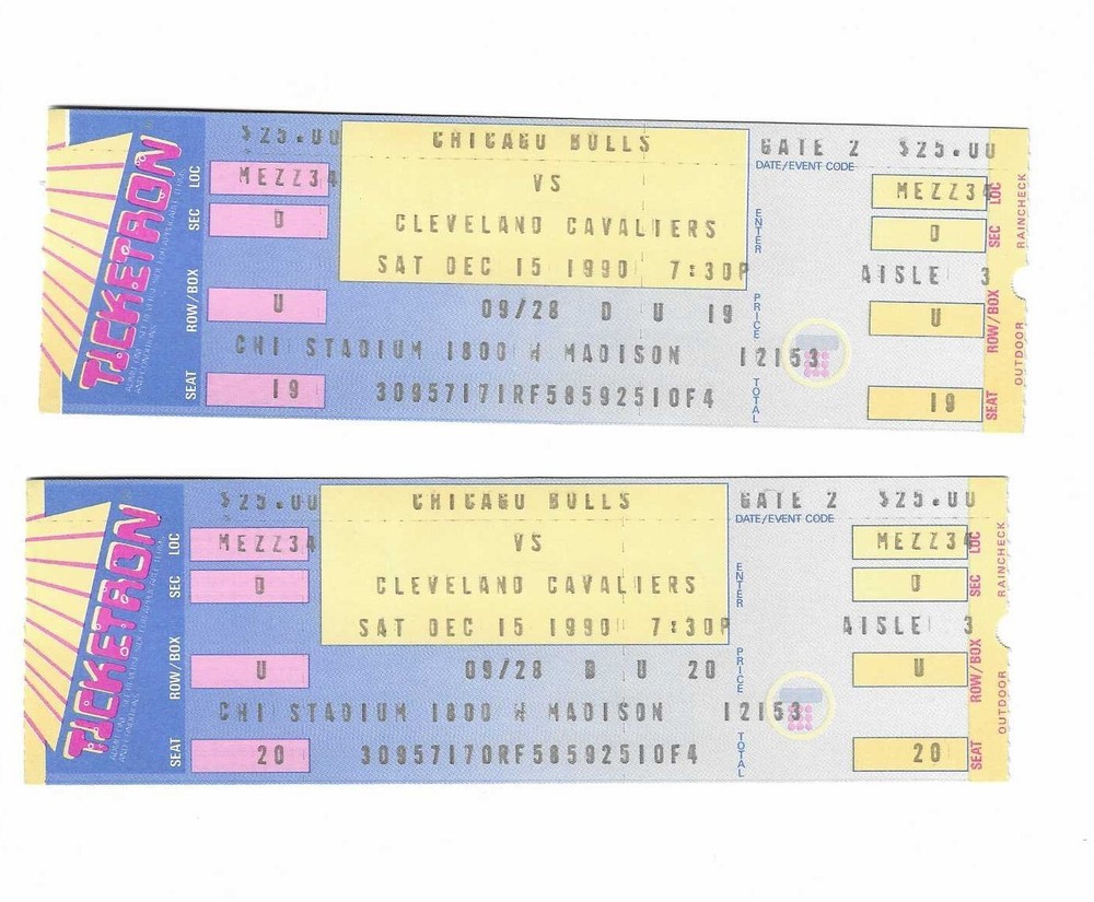 Chicago Bulls vs Cleveland Cavaliers Unused Basketball Tickets December 15, 1990