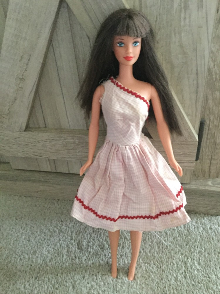 Barbie Doll Dress Valentine's Day Pink White Gingham Check Ric Rac Trim Handmade