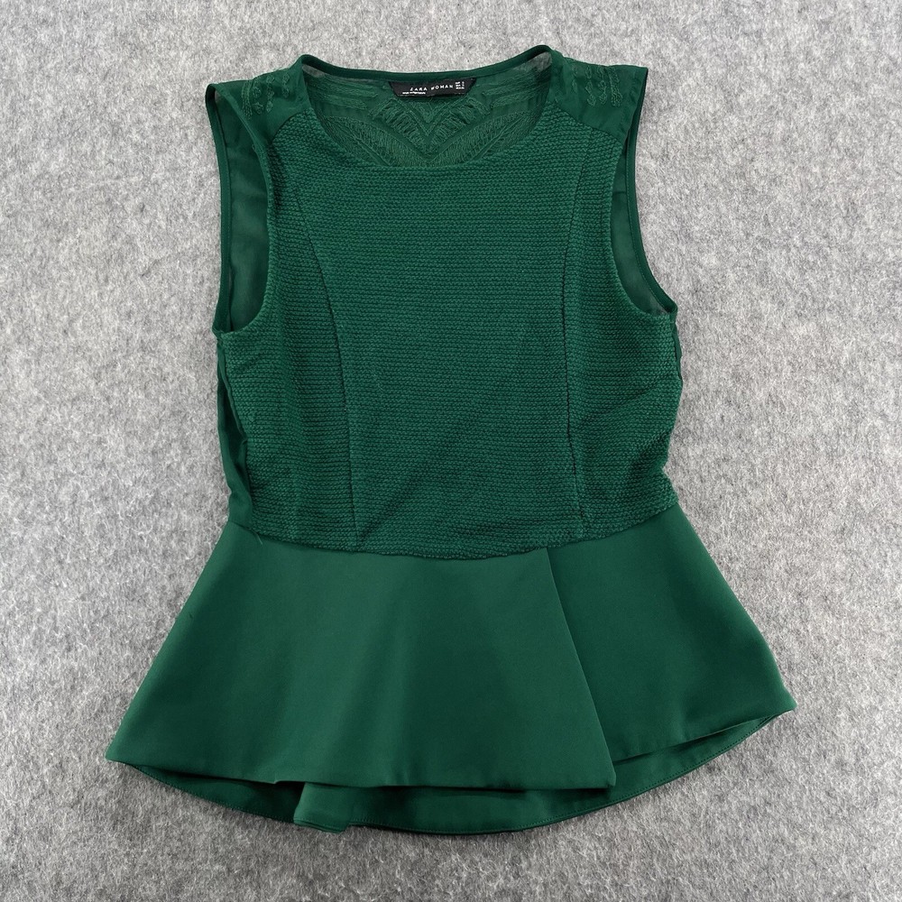 Zara Womens Peplum Blouse Size S Green Mixed Media Sleeveless