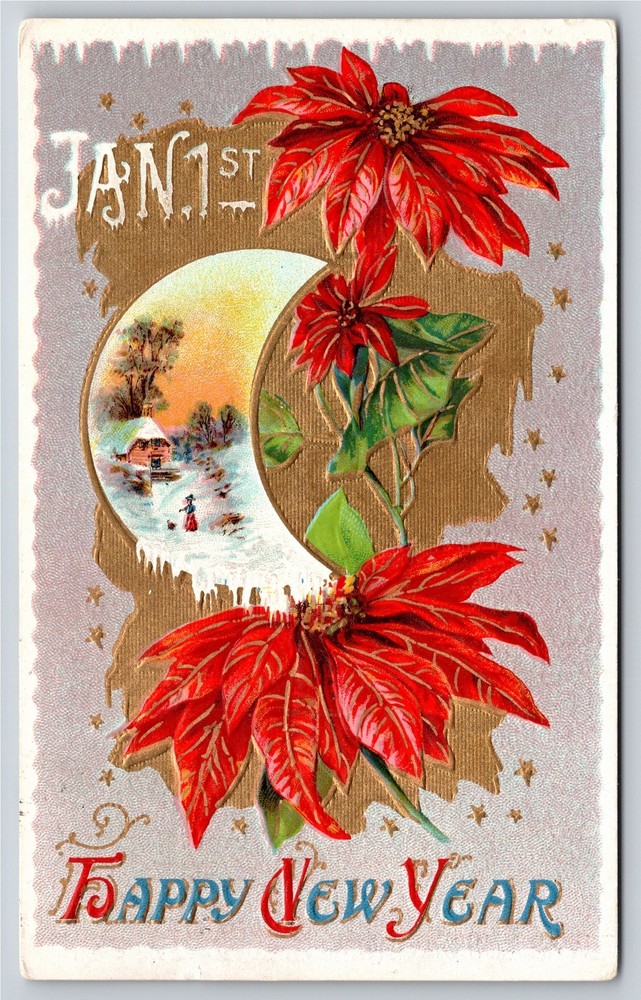 Holiday~Happy New Year~Poinsettias & Winter Scene In Crescent~PM 1912~Postcard