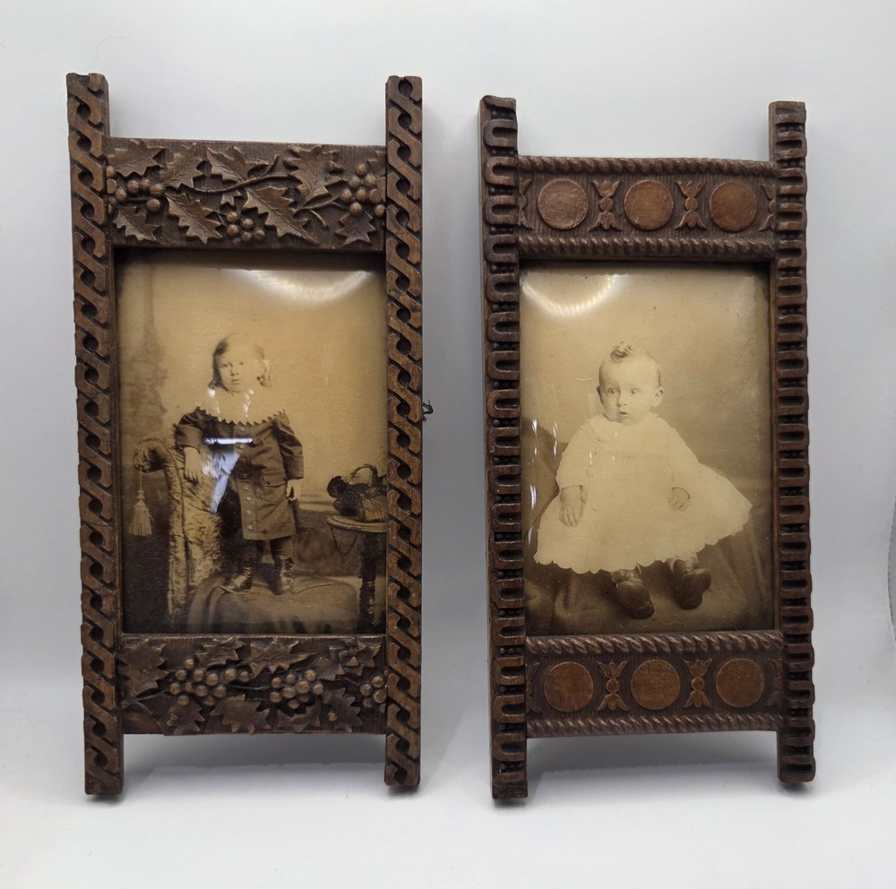 Antique Folk Art/Tramp Art Framed Photos  w/ Bubble Glass