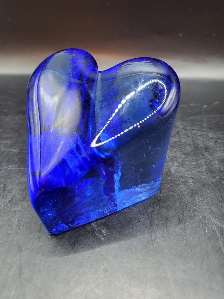 Fire and Light Recycled Art Glass Heart 2001 Colbalt Blue Paperweight SIGNED