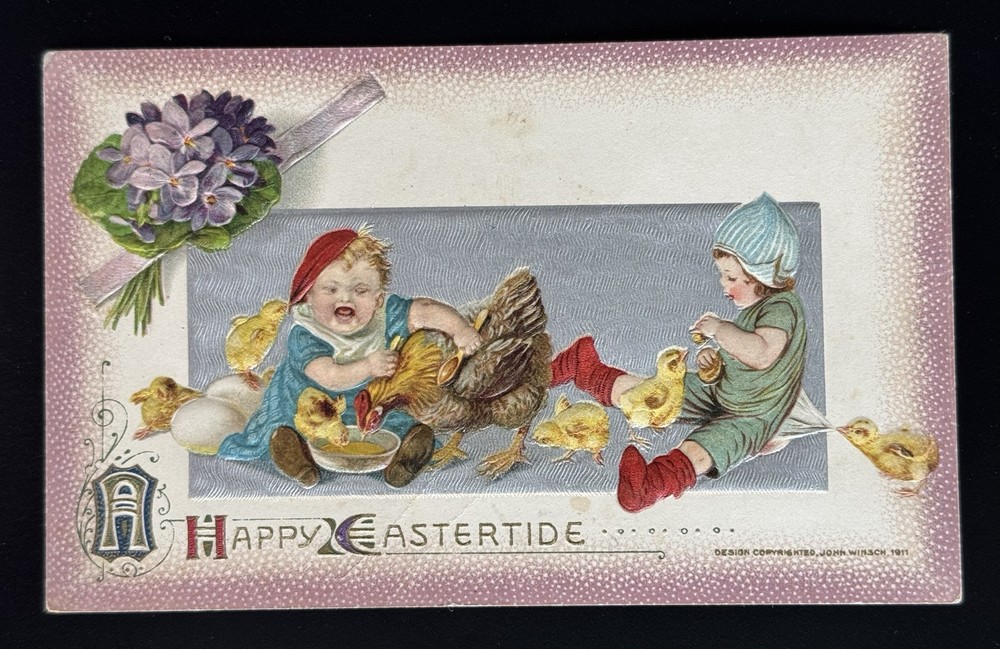 Winsch Freixas Easter Postcard Children Playing with Hen & Chicks