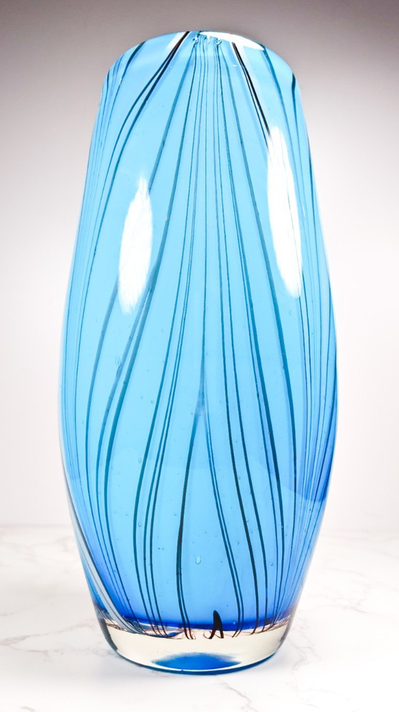 Murano Style Hand Blown Blue Black Zebra Stripes Art Glass Vase 10.75