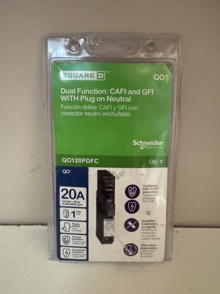 Square D QO120PDFC QO Plug-On Neutral 20 Amp Single-Pole Dual Function CAFI GFI