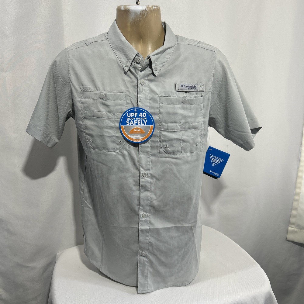 Columbia PFG Button Down Shirt Youth XL 18-20 Gray Short Sleeve Omni Shade NEW