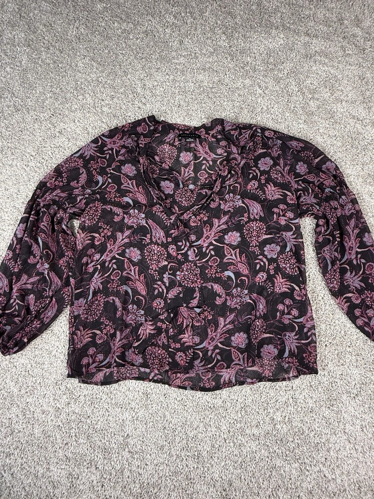 Sanctuary Blouse Women’s XL Purple Floral Sheer Button Front Ruffle Cuff