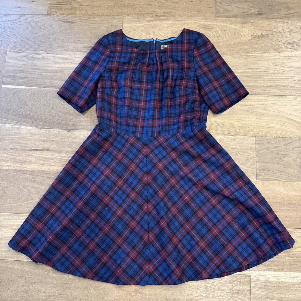 Boden British Tweed By Moon Plaid Fit & Flare Dress Blue Burgundy Sz US 12 Wool
