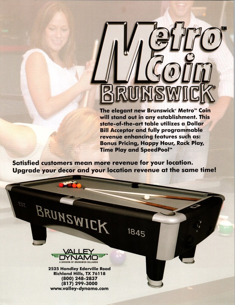 Metro Coin Brunswick Pool Table Billiards Game Flyer 8.5x11 Original Paper Ad
