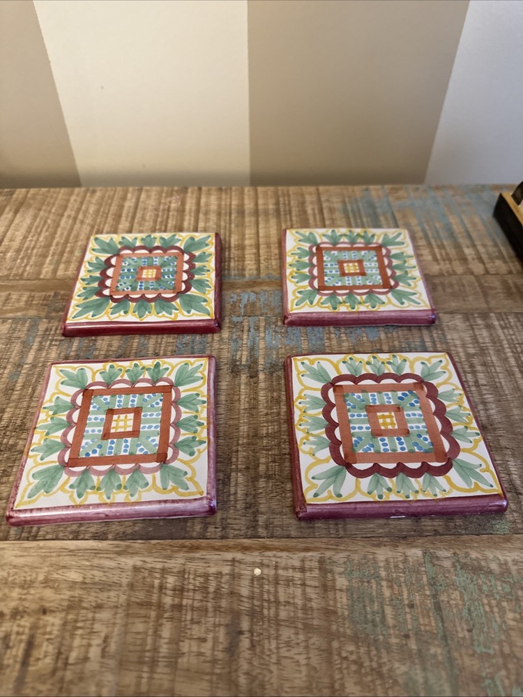 Retired Mackenzie Childs Madison Ceramic Tiles Drink Coasters Set Of 4
