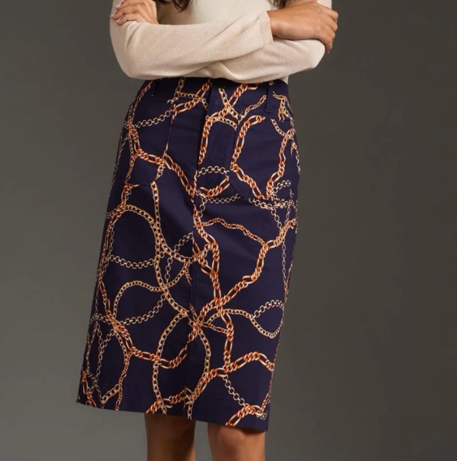 Anthropologie Maeve The Colette Pencil Skirt - Size XS Gold Chain Pattern
