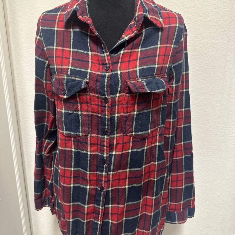 Women's Plaid Flannel Shirt Size L Red Navy Blue Check Long Sleeve Button