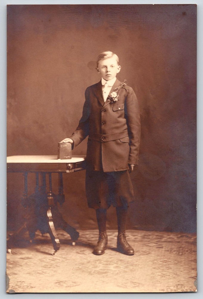 Antique Vintage Real Photo Portrait Young Man Boy Suit Coat Tie Table Book