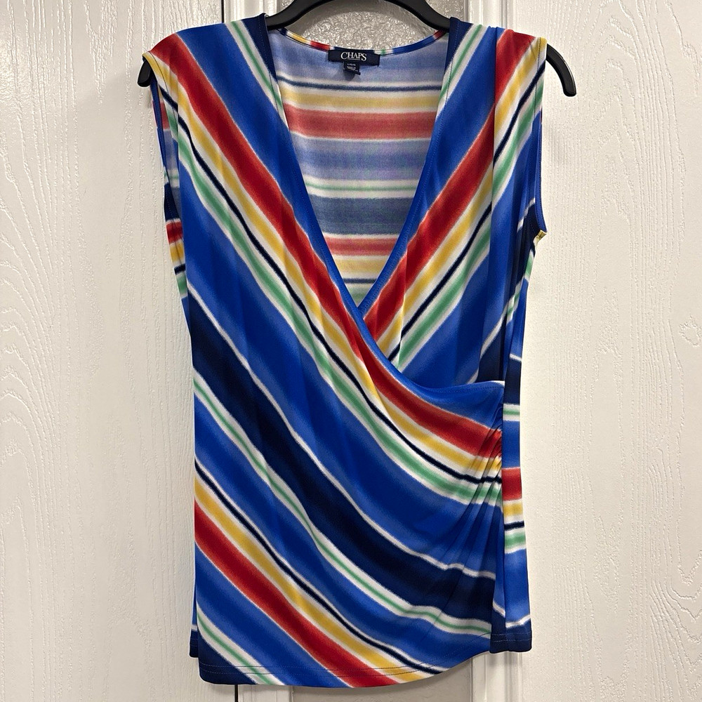 Chaps Women's L Striped V-Neck Sleeveless Wrap Knit Stretch Blouse Blue