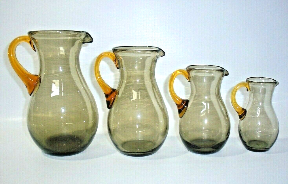 Handblown Smoky Topaz Amber Art Glass Graduated Pitcher Set of 4 Rare Find