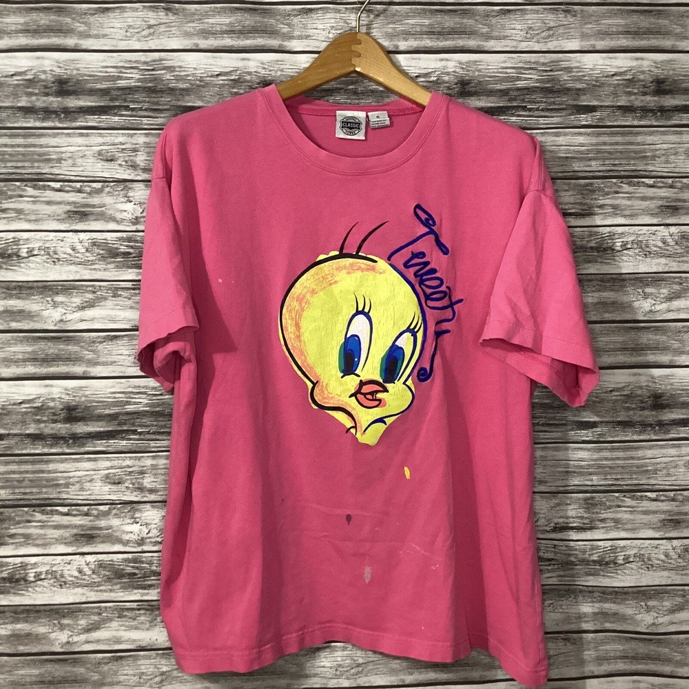 Vintage Tweety Bird Shirt Mens XL Pink Looney Tunes Embroidered Graphic Tee 90s