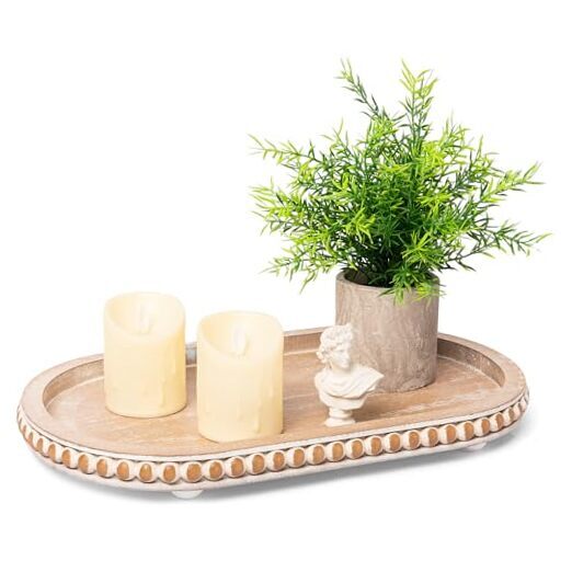 HPC Decor Brown Wood Beaded 15-Inch Oval Tray for Stylish Home Accents