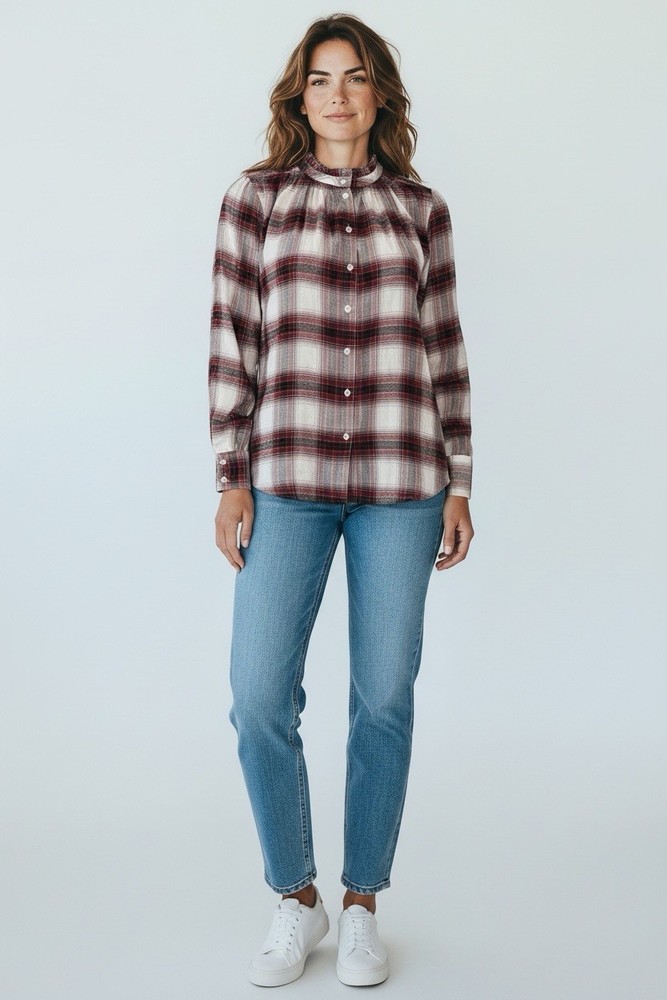 Loft  Women’s Size M Long Sleeve High Neck Ruffle Collar Plaid Button Down Top