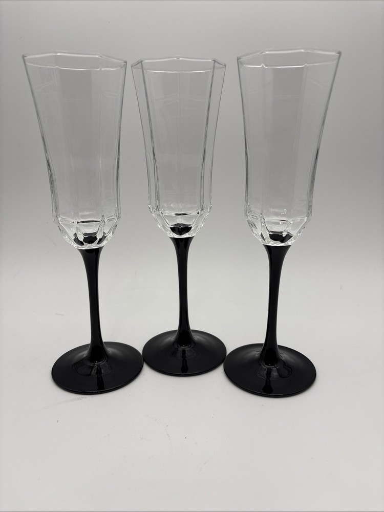 Luminarc Octime Octagon Black Stem Champagne Flutes Wine Glass Set of 3