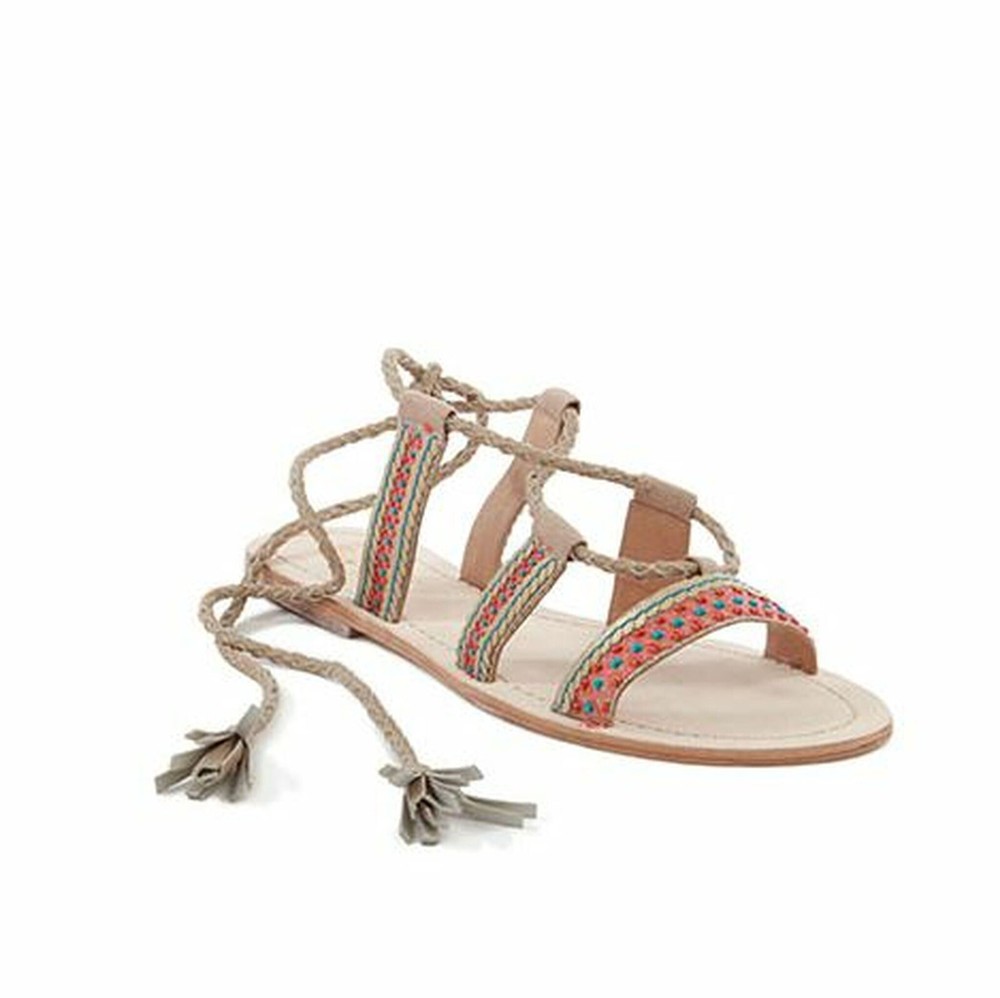 Seychelles In Flight Bohemian Lace Up Taupe Sandals Sequin Embellished 6.5M NEW