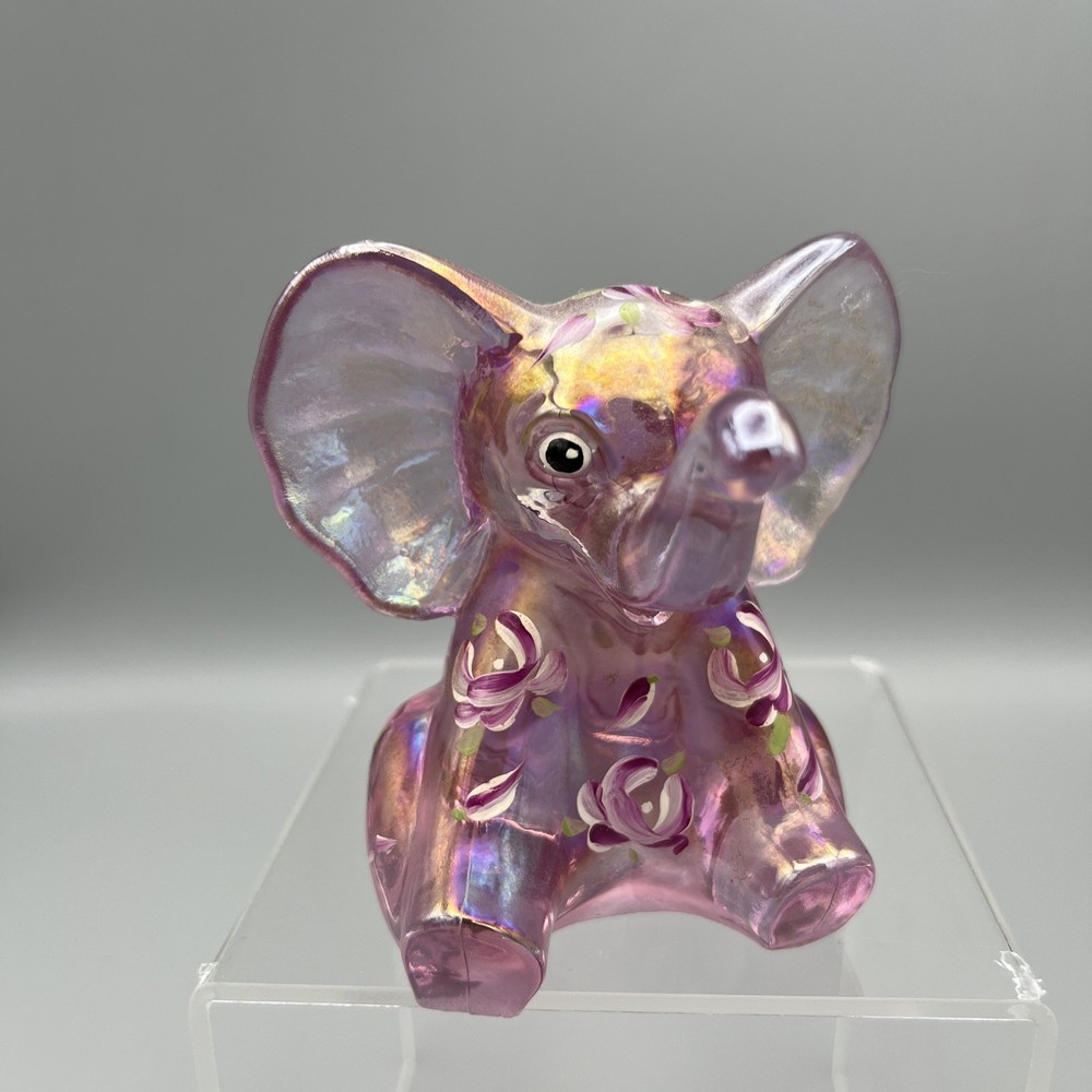 FENTON Art Glass iridescent Pink Hand Painted Floral Elephant Figurine Signed