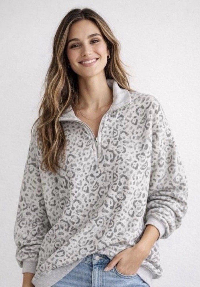 Aerie Leopard Print Quarter Zip Pullover Sweatshirt Cream Taupe Size S