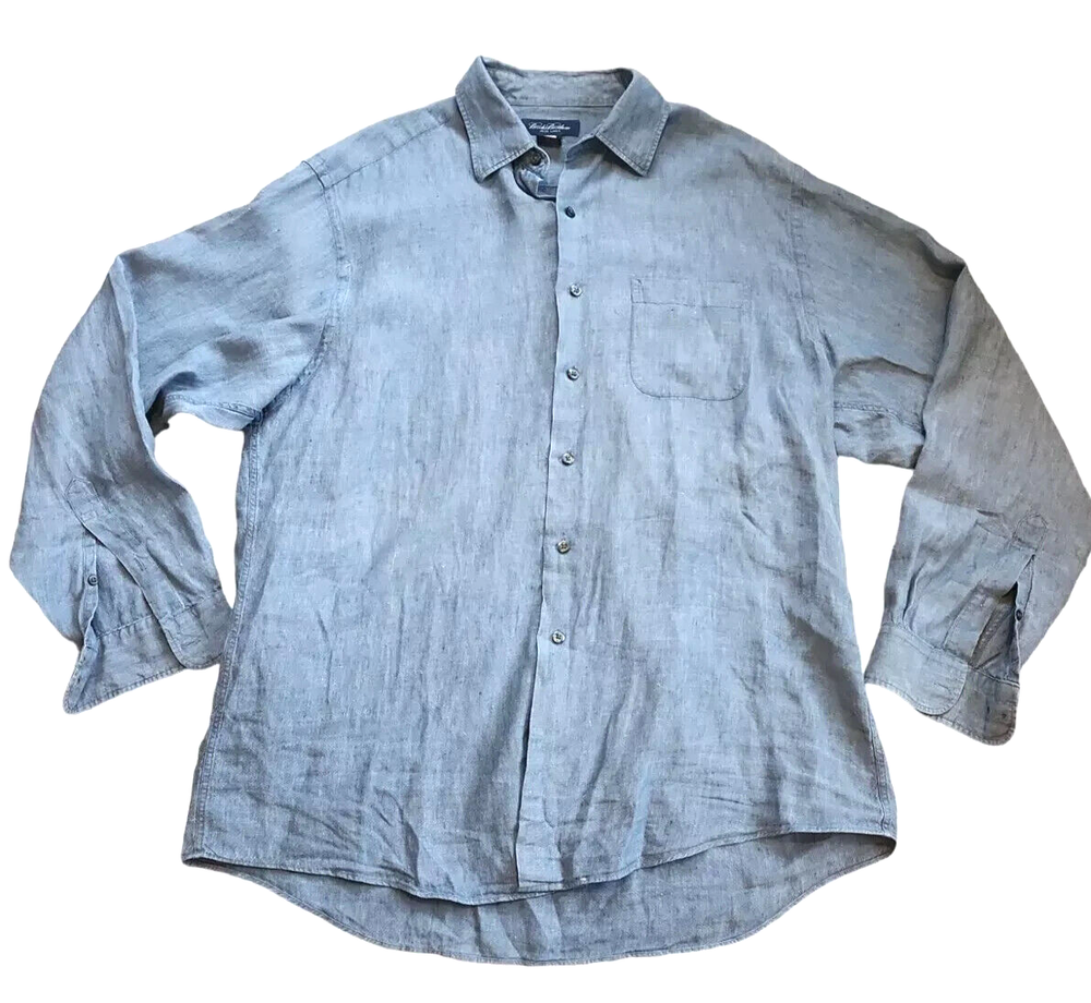 Brooks Brothers Irish Linen Button Up Shirt Large Blue Outdoors Hike Trail Men