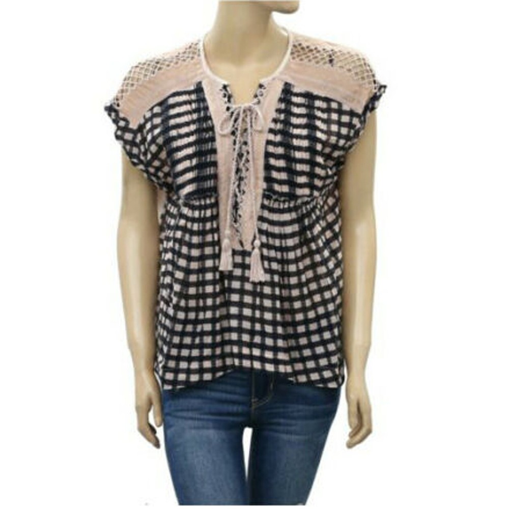 Free People Gingham Printed Blouse Top Crochet Lace Up Oversized XS New 265382