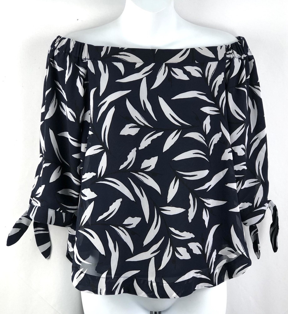 Ann Taylor Off-Shoulder Chiffon Top in Blue/White Geo Print with 3/4 Sleeves and Tie Accent