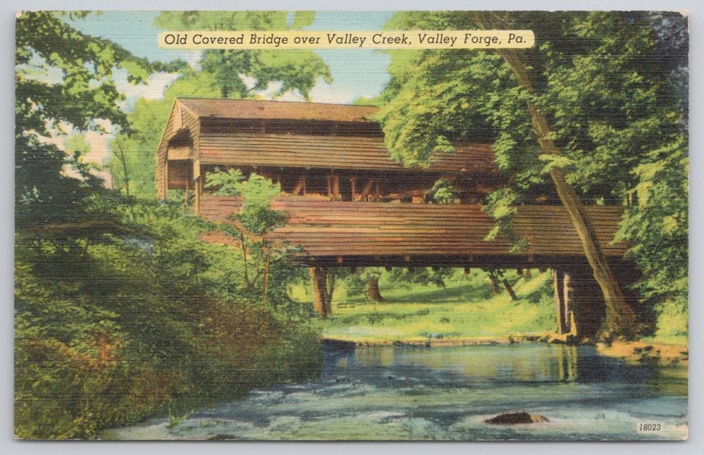 Valley Forge PA Old Covered Bridge Valley Creek Colourpicture Postcard c1950s