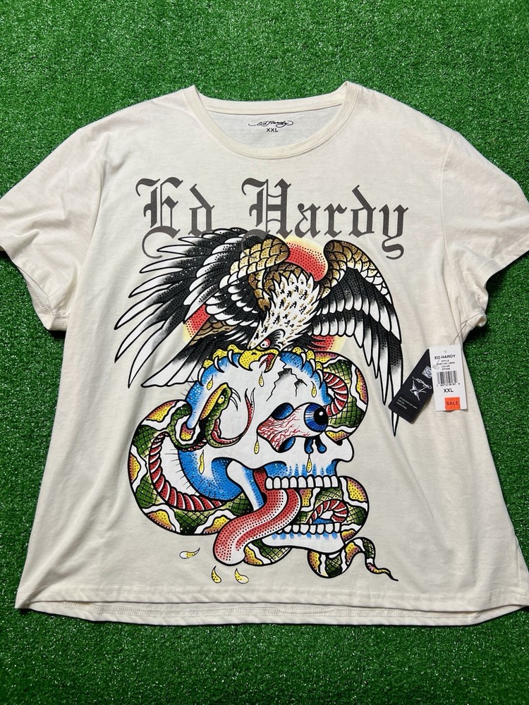Ed Hardy T Shirt Mens XXL Stone Rhinestone Eagle Snake Battle Skull Graphic New