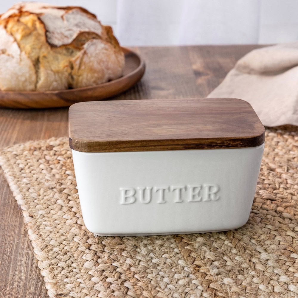Acacia Wood Porcelain Embossed Butter Dish for Countertop Butter Keeper Kitchen-image