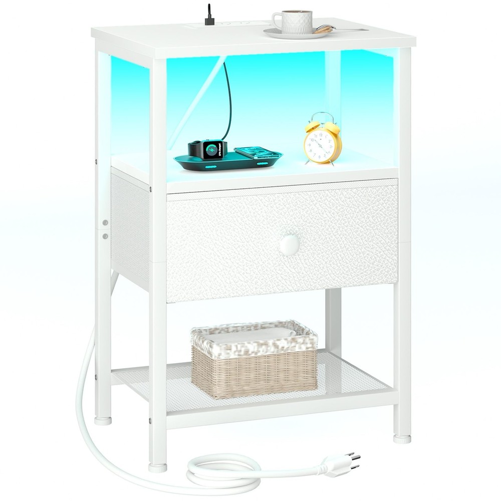 White Bedside Table with Charging Station, USB  Outlets, Fabric Drawer, LED