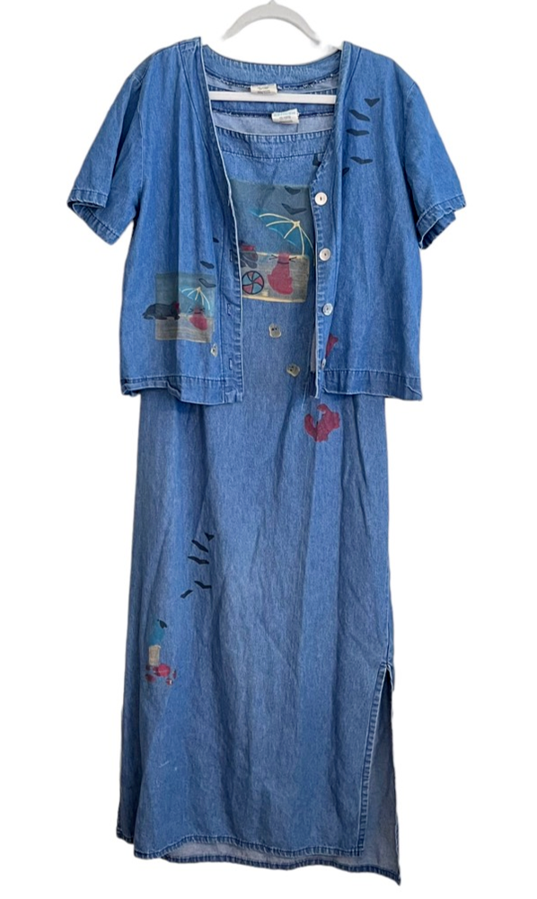 Blue Eyed Bear Linen Dress Set Womens Medium Chambray 90s Art to Wear