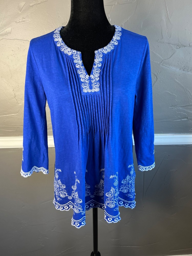 Charter Club Women's Size S Blue Top with Embroidery Boho