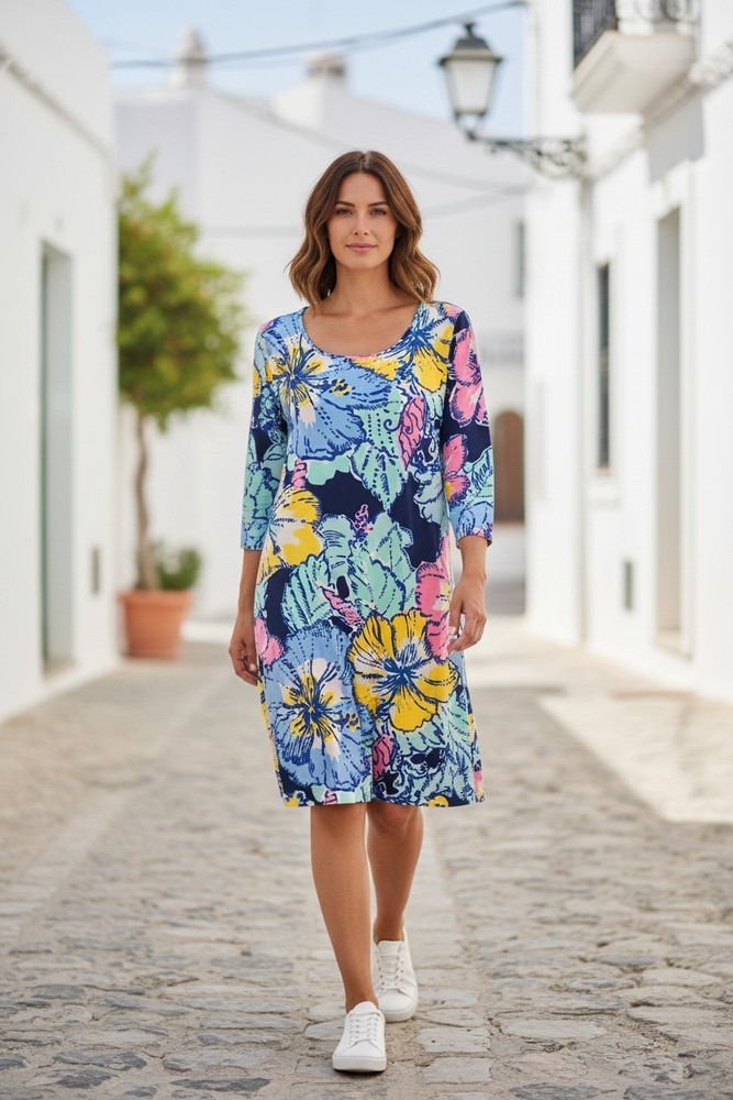 Lilly Pulitzer Marlowe Big Flirt Hibiscus Women's Dress 3/4 Sleeve M EUC Cotton