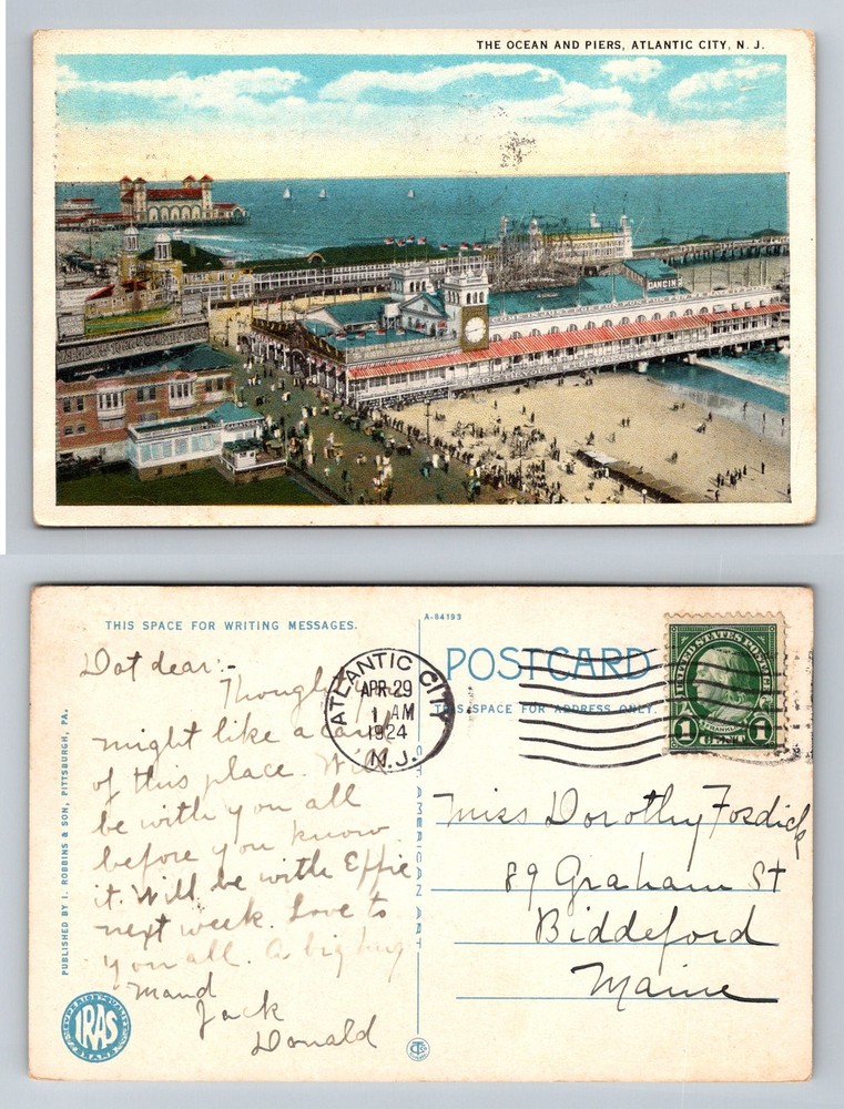 Atlantic City, NJ-New Jersey, Ocean and Piers Boardwalk Vintage c1924 Postcard