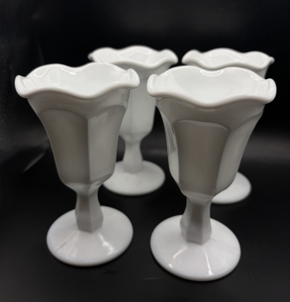 Set Of Four Vintage White Milk Glass Parfait Glasses 6 Inches Tall
