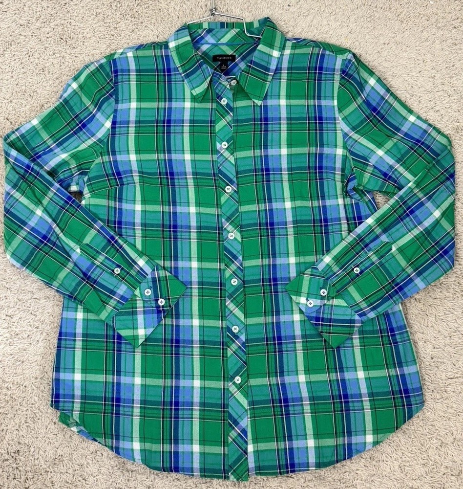 Talbots Long Sleeve Button Up Shirt Top Blouse Green And Blue Plaid Size L Work