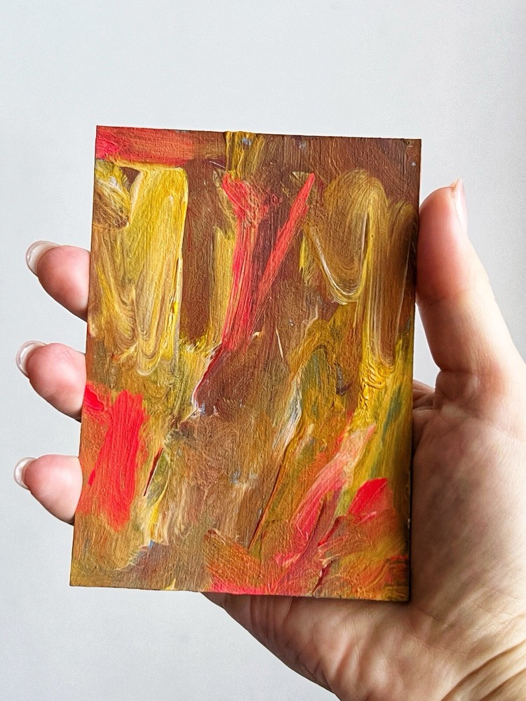 Abstract Outsider Art Small Acrylic Artwork Brown Red Yellow Orange Painting