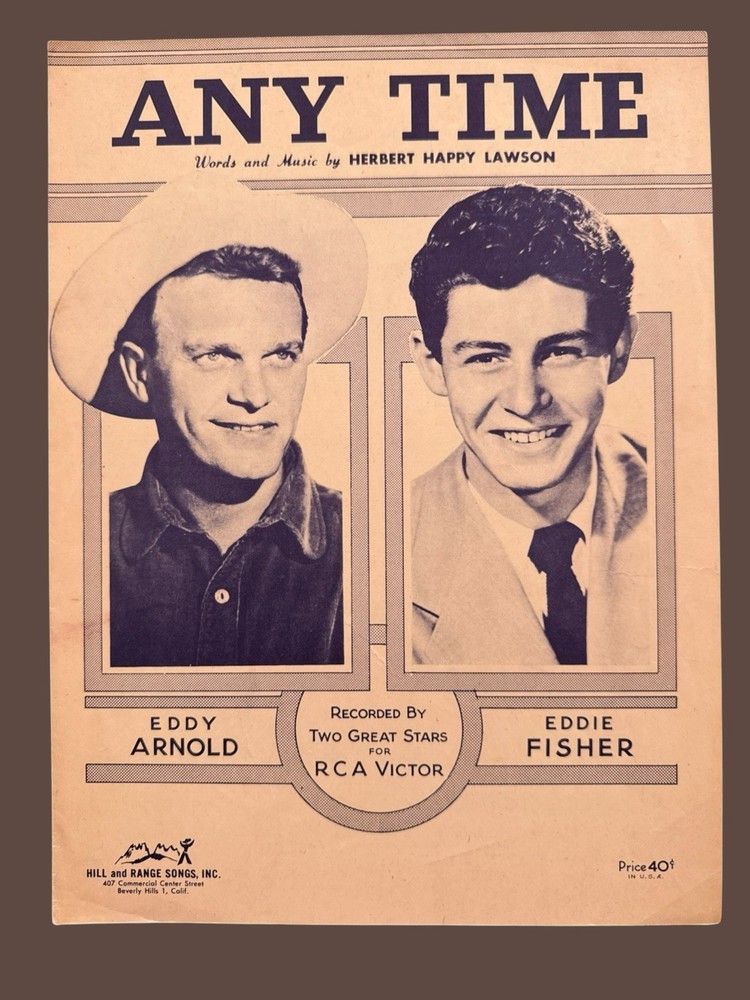 Any Time 1949 Sheet Music Eddy Arnold Eddie Fisher RCA Country Pop