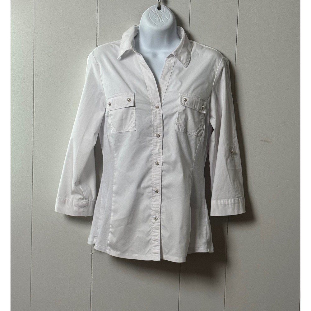 Zac & Rachel Women's Cotton Blend White 3/4 Sleeve Button Down Shirt Size Small