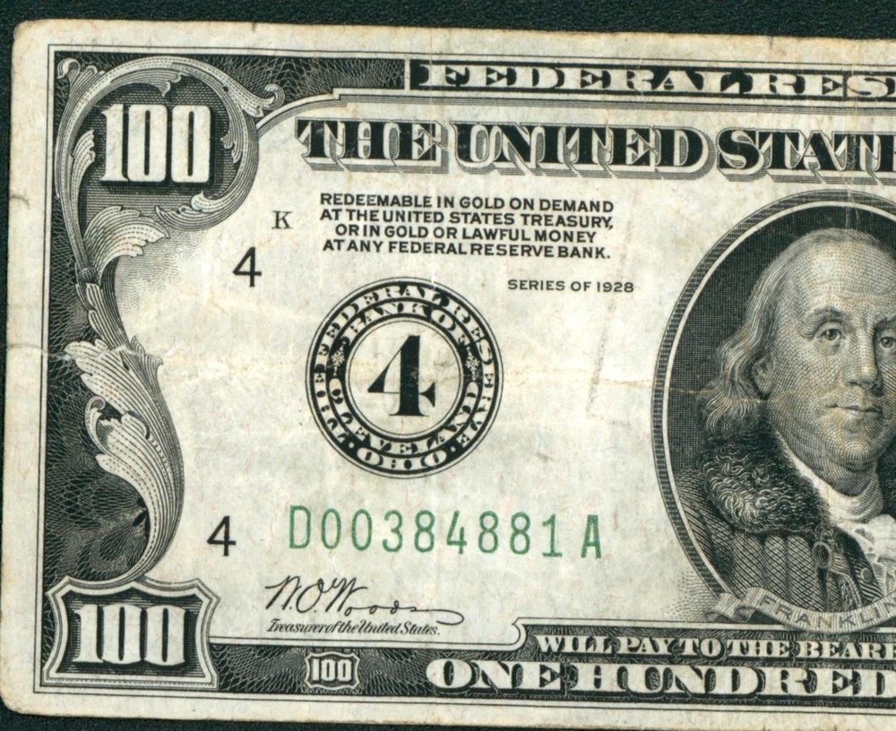 ((6 DIGIT)) $100 1928 (( Cleveland )) Federal Reserve Note ** CURRENCY (TAPE)