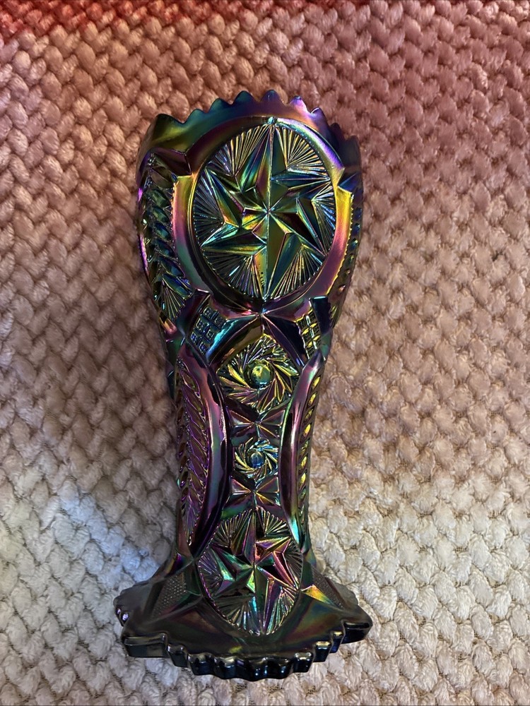 Vintage LE Smith Black Amethyst Ohio Star Carnval Glass Vase