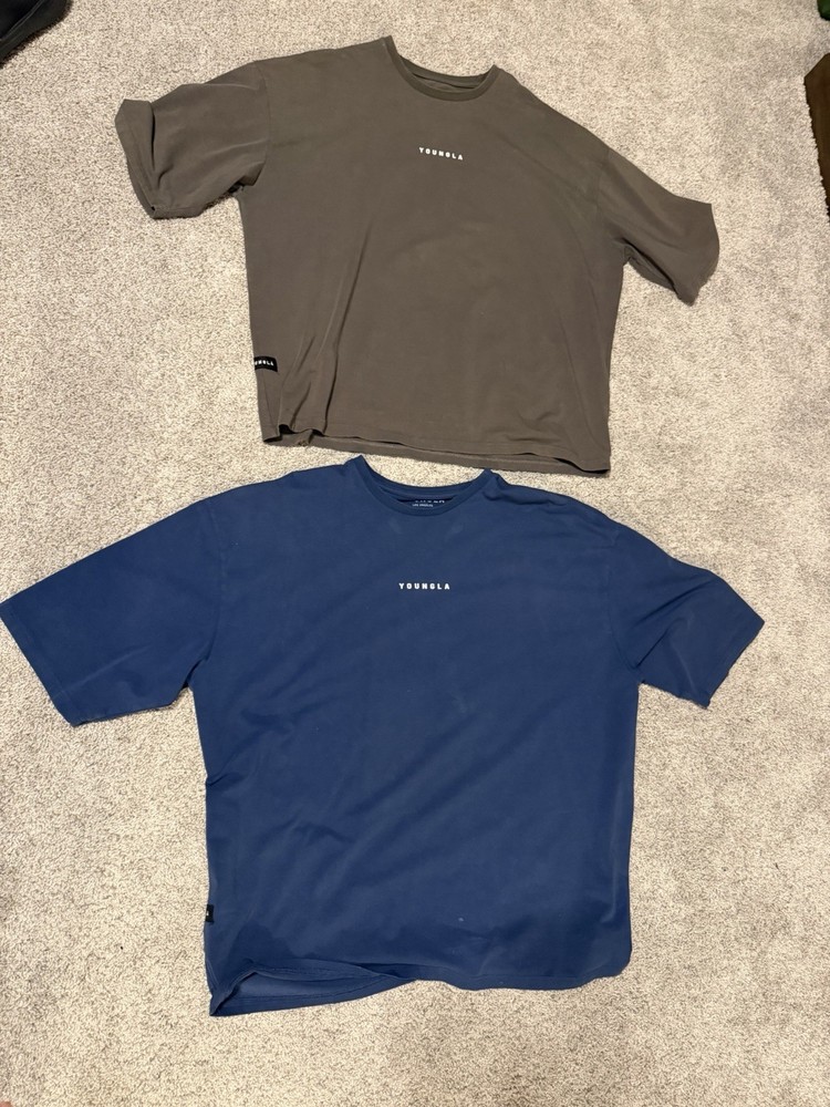 YOUNG LA MENS XL OVERSIZED T-SHIRT LOT OF 2 RARE SOLD OUT BLUE GREEN WORKOUT