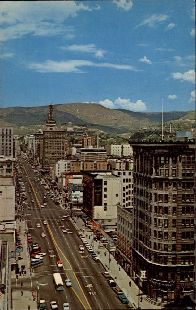 Main Street Salt Lake City Utah aerial business district postcard ~ 1960s cars