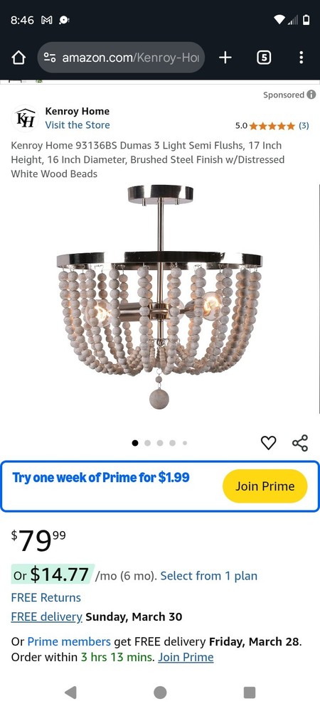 Kenroy Home Dumas 3-Light Brushed Steel Wood Bead Semi-Flush Mount Light Fixture 93136BS