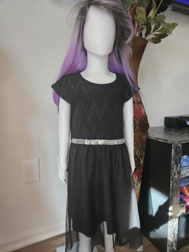 George Girls Fit & Flare Black Glitter Midi Dress Silver Belt Cap Sleeve M 7-8